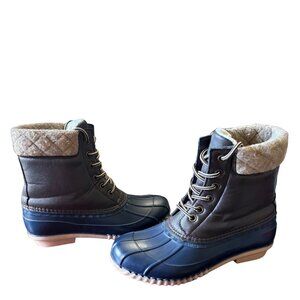 Magellan Outdoors Womens Duck Boots 6 Brown Navy Faux Shearling Lined Waterproof